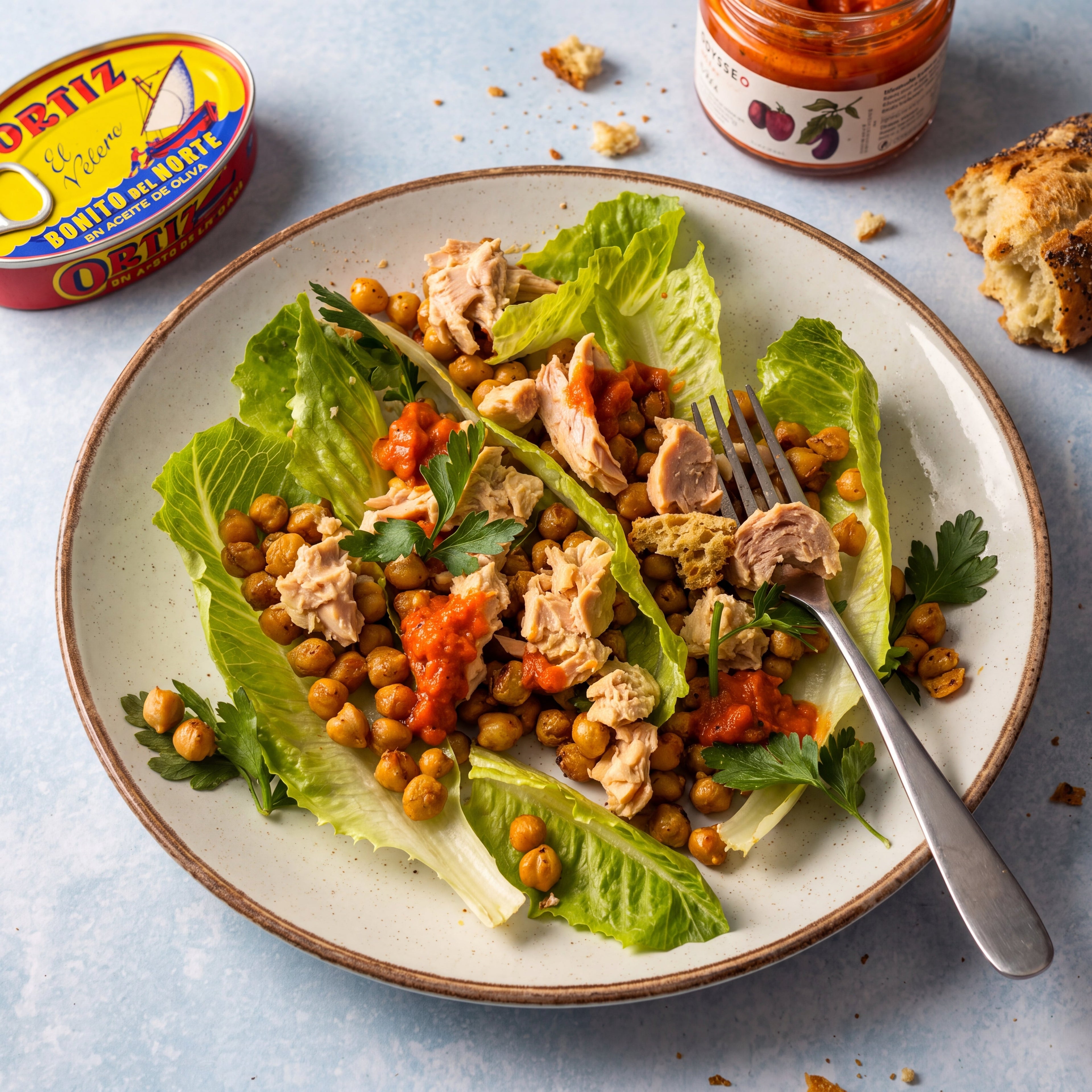 Tuna and chickpea salad on a plate beside an open Ortiz tin