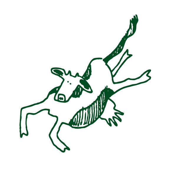 Green line illustration of a jumping cow