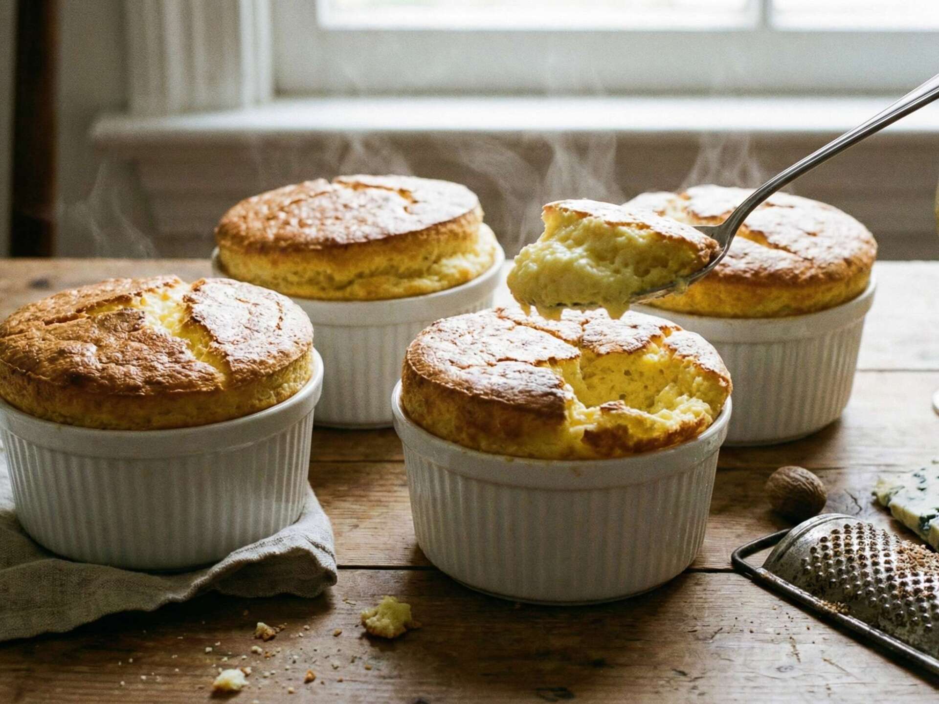 Two Montagnolo soufflés in white ramekins, one opened with a spoon