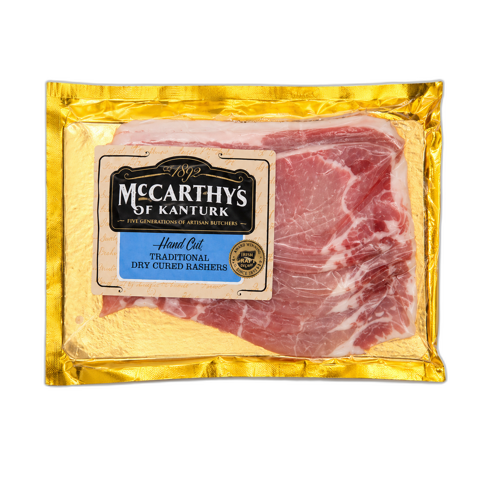 Packaged meat with Mccarthys of Kanturk label on a white background