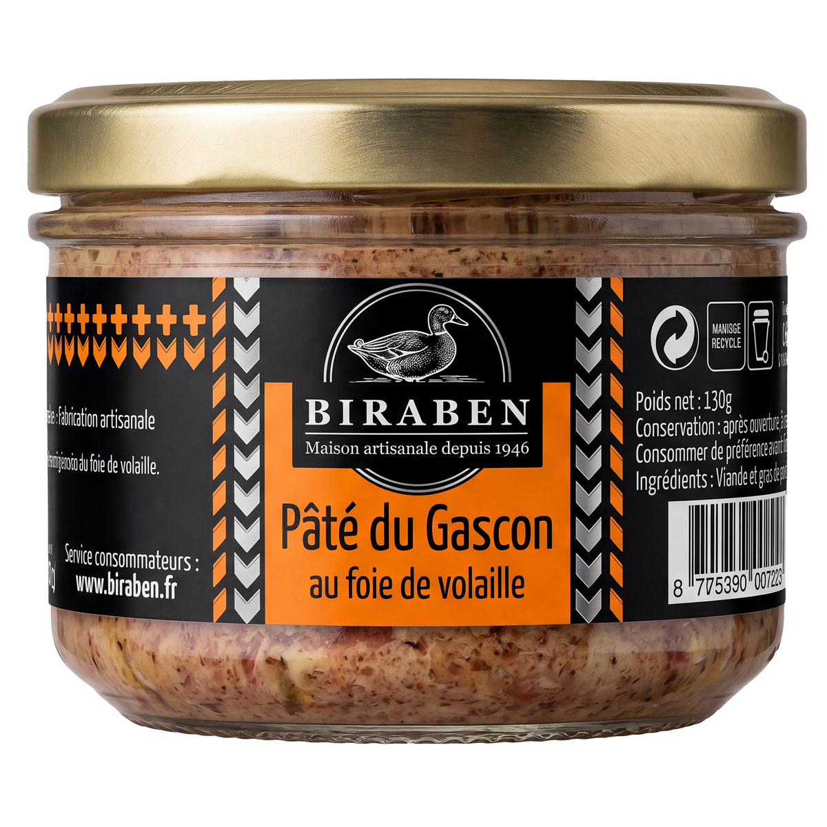 A glass jar of Biraben Pâté du Gascon au foüe de volaille, featuring a gold metal lid and a black and orange label, set against a plain white background.