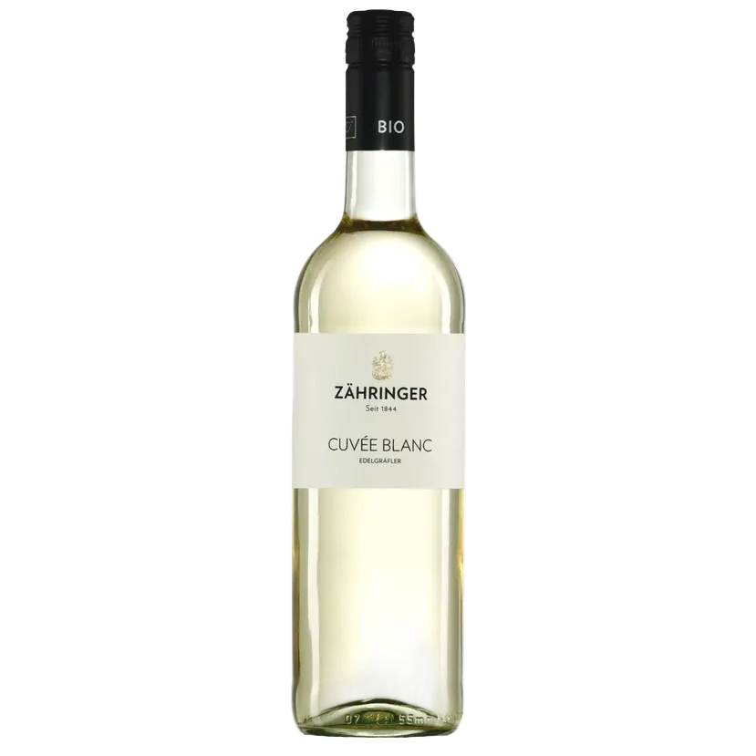 Bottle of Zähringer Cuvée Blanc wine on a white background