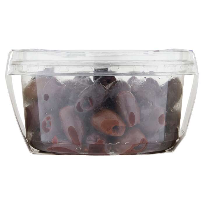 Clear container with pinkish-brown snail shells inside on a white background
