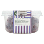 Container of Sheridan's pitted kalamata olives with a label on a white background