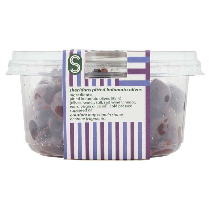 Container of Sheridan's pitted kalamata olives with a label on a white background