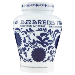 Blue and white patterned Fabbri Amarena cherry jar on a white background