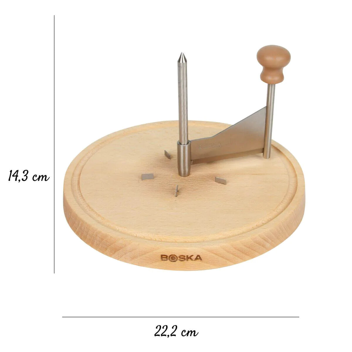 Wooden cheese grater with metal components on a white background, featuring the Boska brand.