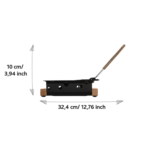 Measurement chart of a black incense holder with wooden base on a white background