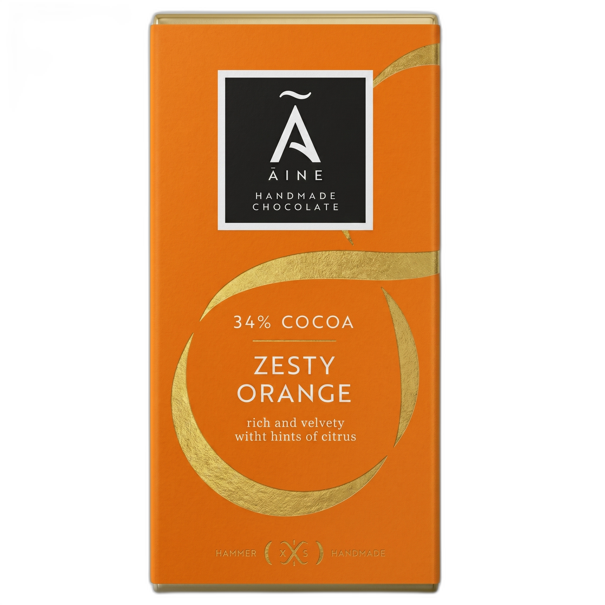 Orange packaging of Aine handmade chocolate with 'Zesty Orange' flavor description.