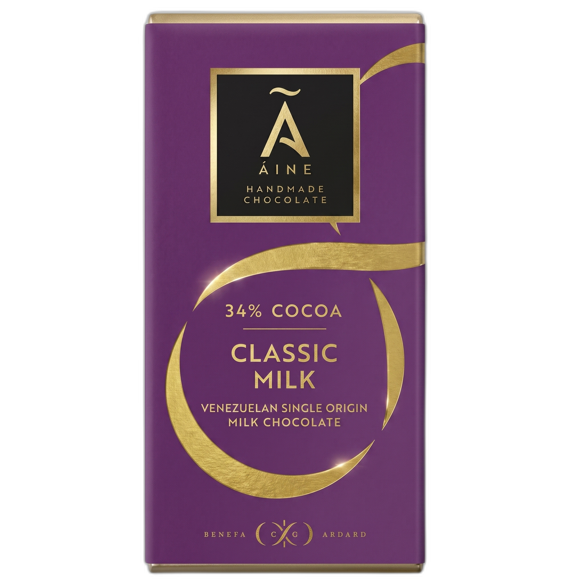 Aine handmade chocolate bar packaging with purple and gold design