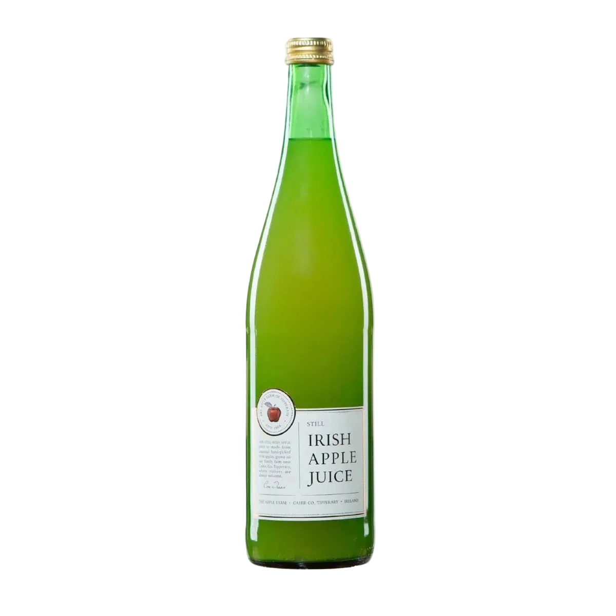 Green bottle of Irish Apple Juice on a white background