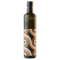 Bottle of olive oil with a colorful label on a white background