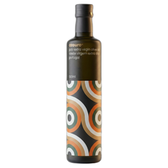 Bottle of olive oil with a colorful label on a white background
