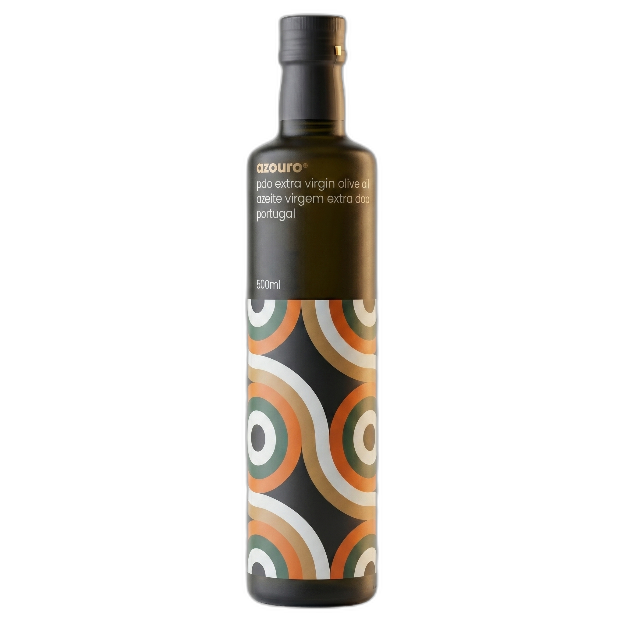 Bottle of olive oil with a colorful label on a white background