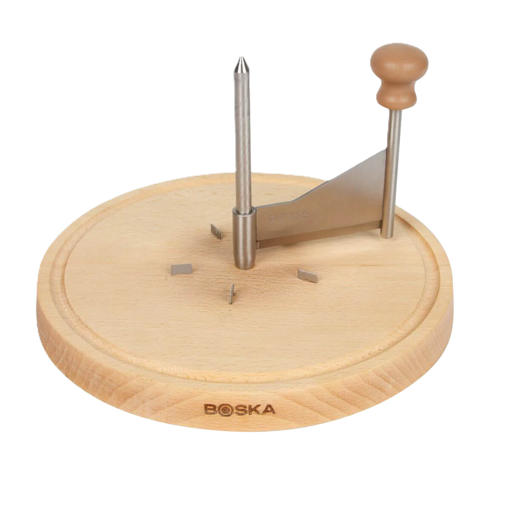 Wooden cheese cutter with metal blades on a white background