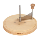 Wooden cheese cutter with metal blades on a white background