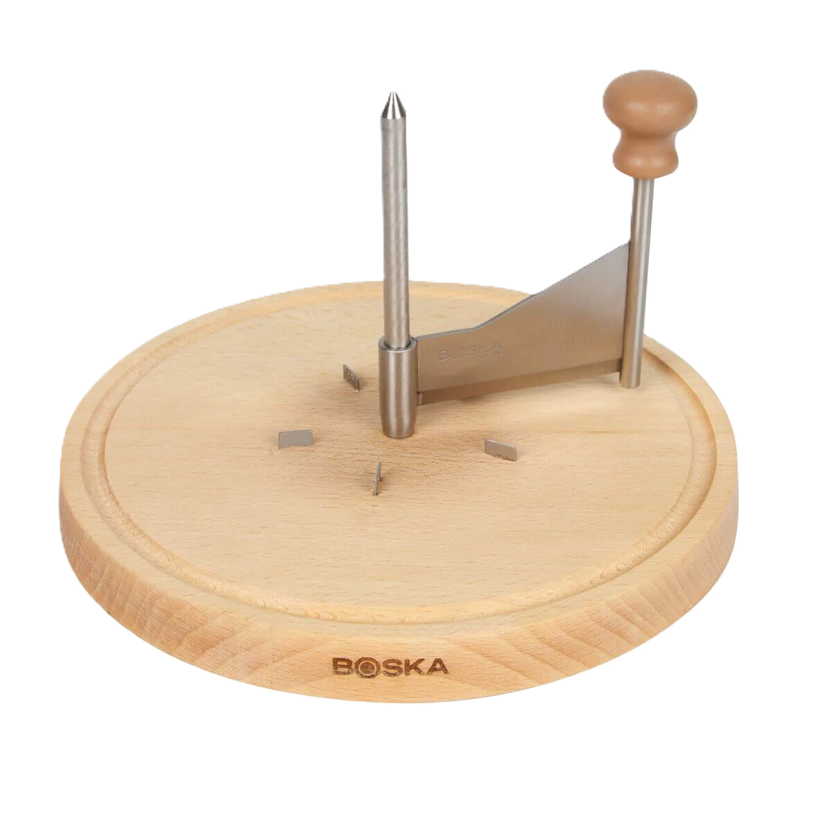 Wooden cheese cutter with metal blades on a white background
