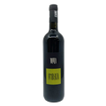 Wine bottle with black label and yellow square on a white background