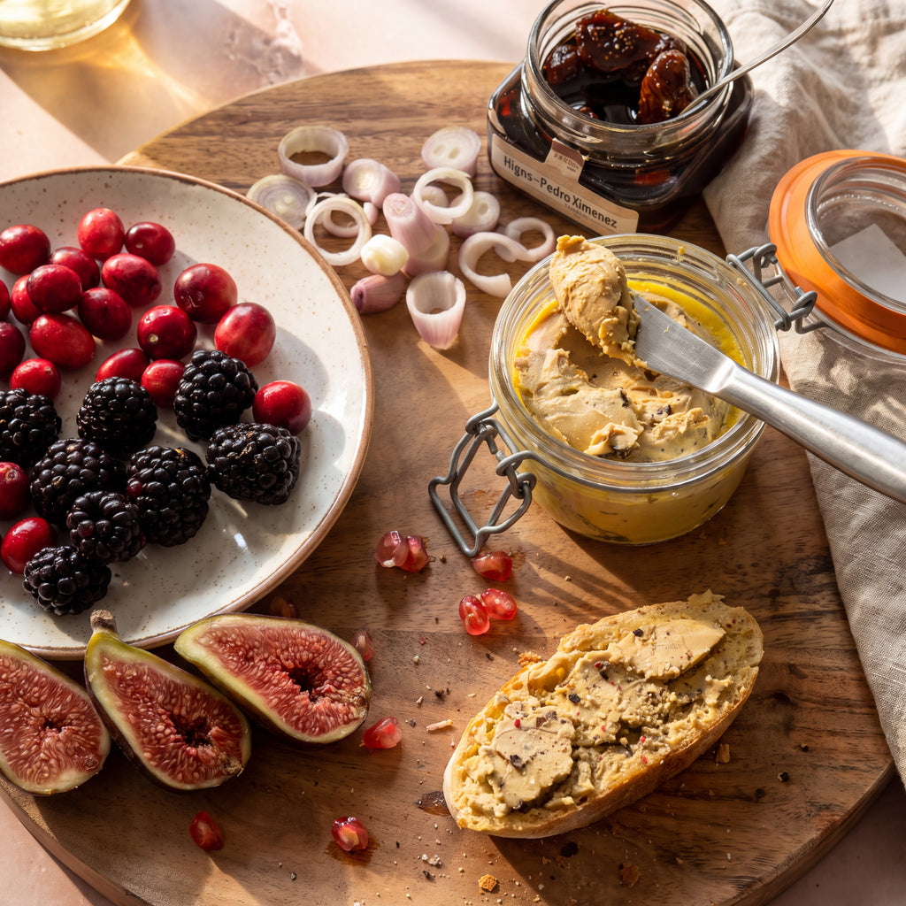 A styled food scene on a wooden board showing a jar of nut butter with a spreader, sliced figs, cranberries, blackberries, chopped shallot, and a slice of bread topped with the nut butter. A second jar of dark spread sits nearby.