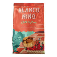 Blanco Nino Chilli & Lime tortilla chips packaging on a white background
