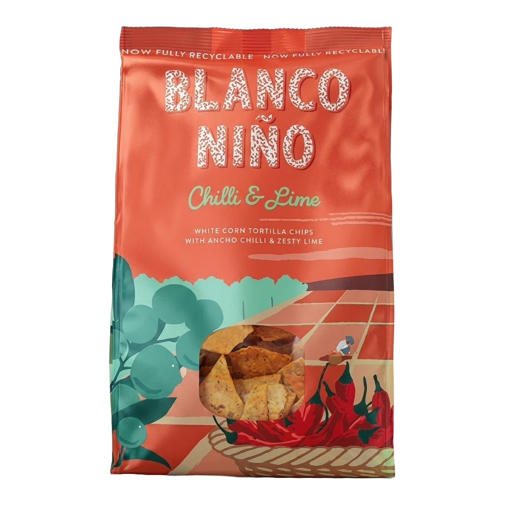 Blanco Nino Chilli & Lime tortilla chips packaging on a white background
