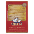 Box of Ortiz Boquerones marinated white anchovies on a white background