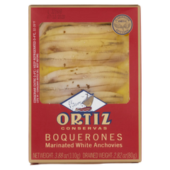 Box of Ortiz Boquerones marinated white anchovies on a white background