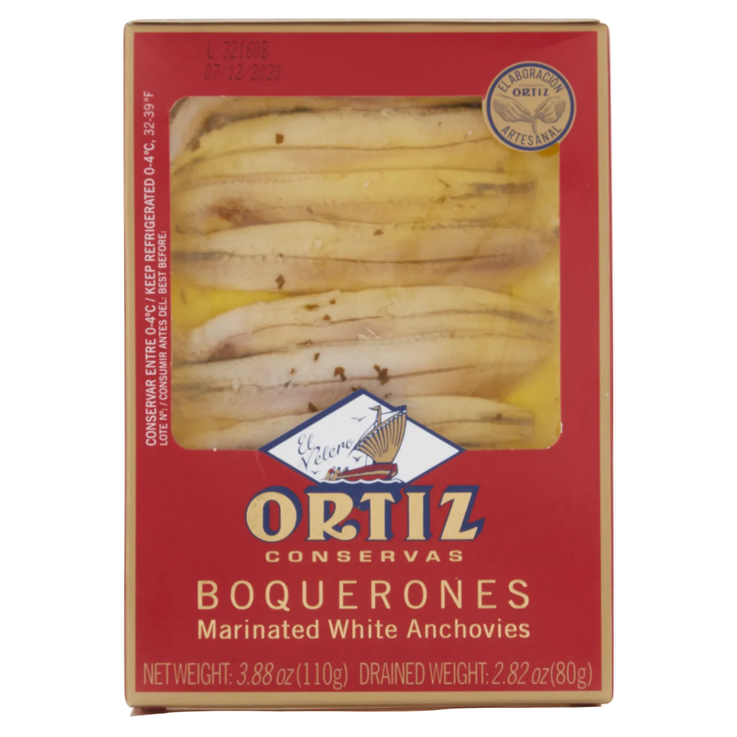 Box of Ortiz Boquerones marinated white anchovies on a white background