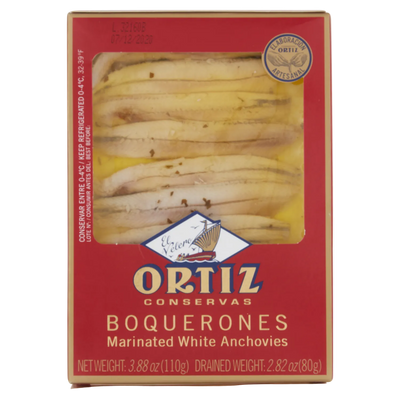Box of Ortiz Boquerones marinated white anchovies on a white background