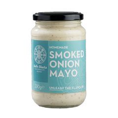 Jar of Builín Blasta homemade smoked onion mayo with a pale blue label