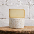 Block of cheese on a stone wheel with a white brick background