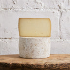 Block of cheese on a stone wheel with a white brick background