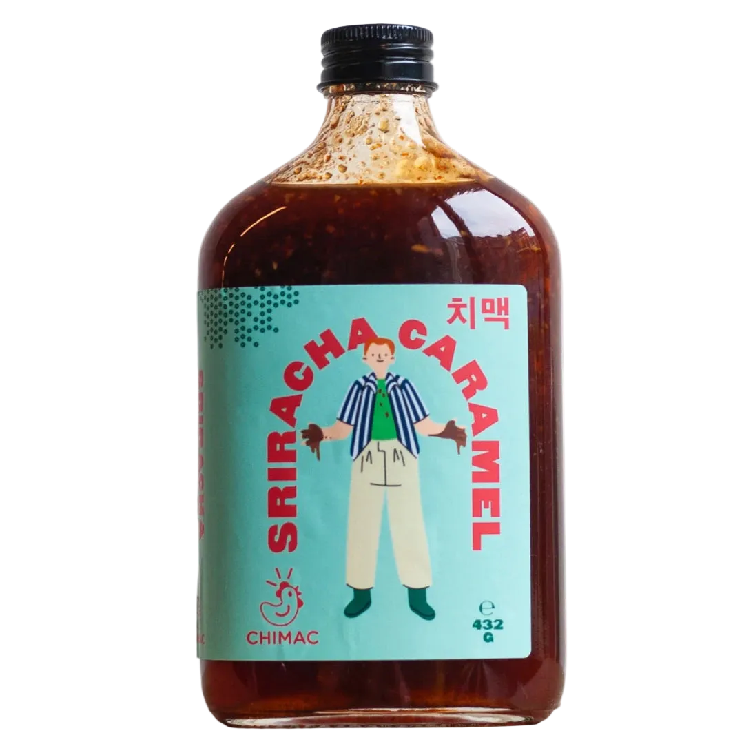 Bottle of Sriracha Caramel with a colorful label on a white background