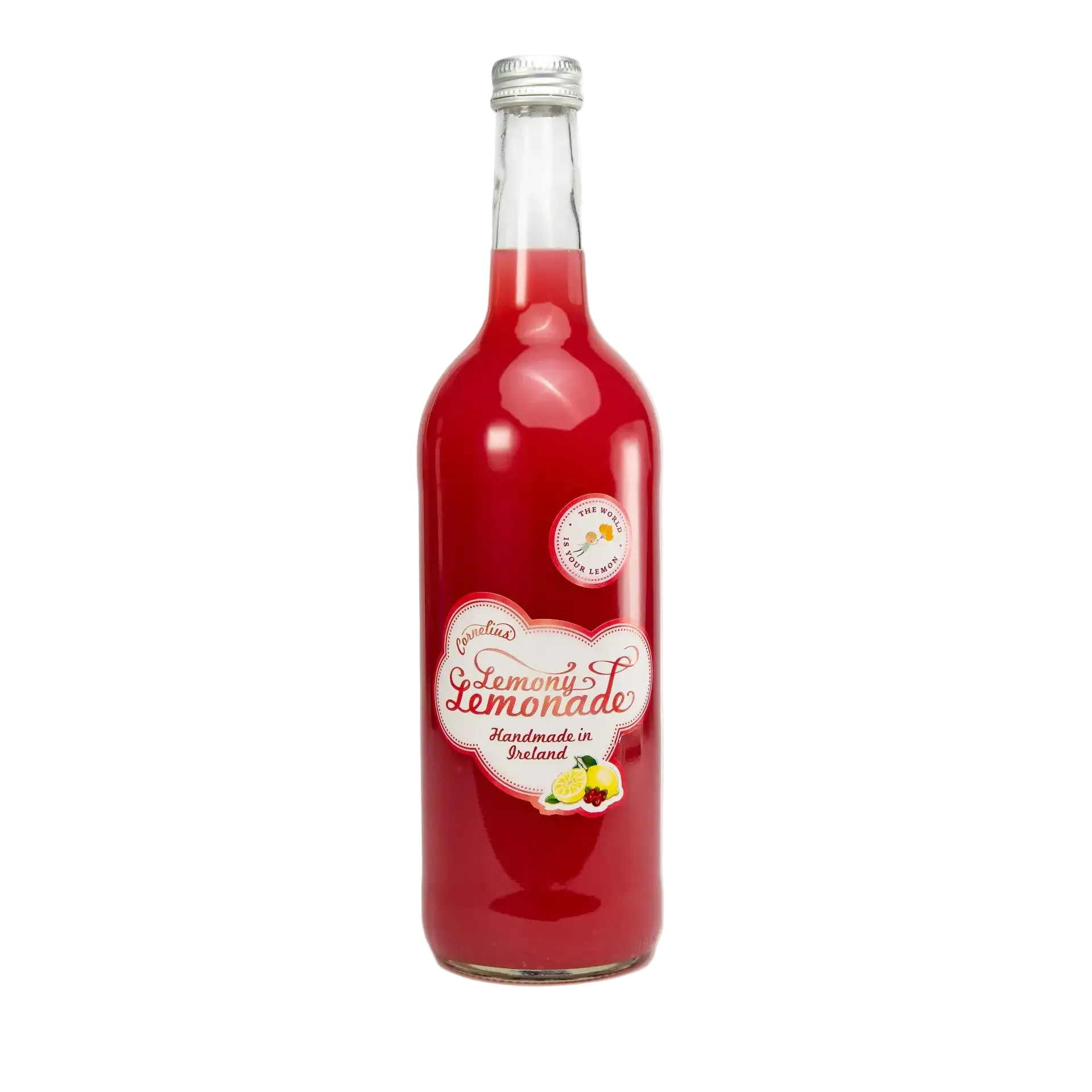 Red bottle of lemonade with a white label on a white background