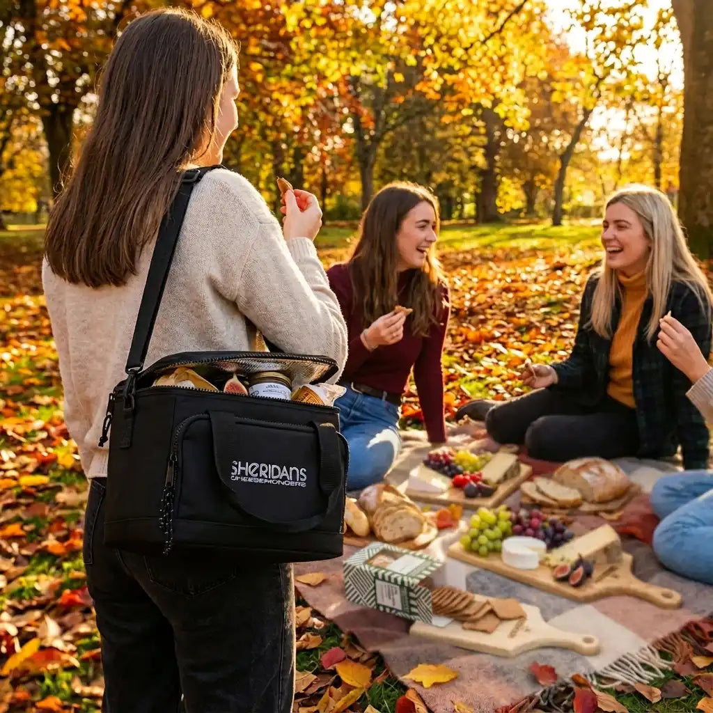 People enjoying a picnic in an autumn park with a Sherpa brand bag.