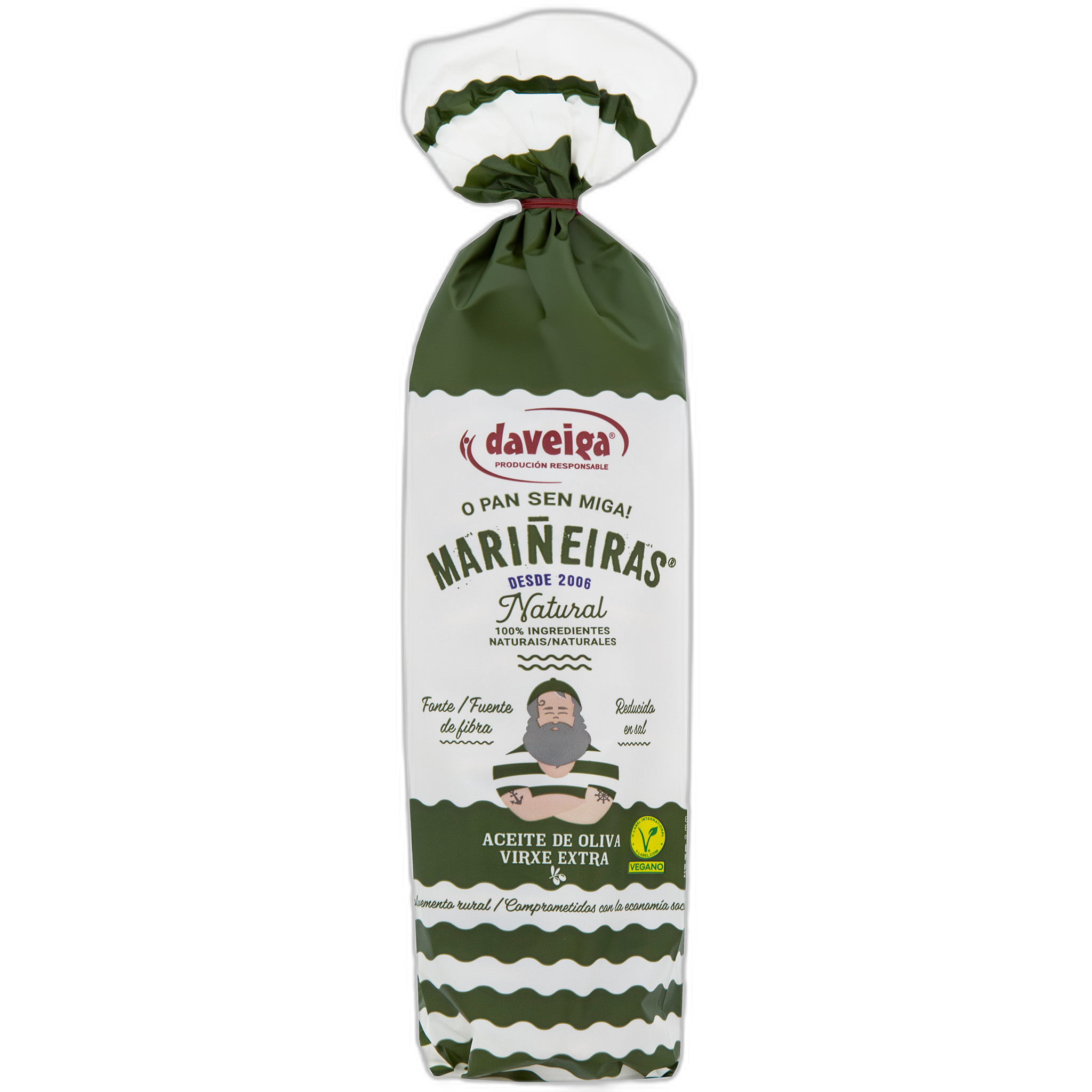 Packaged bread with a white label featuring branding and text on a white background