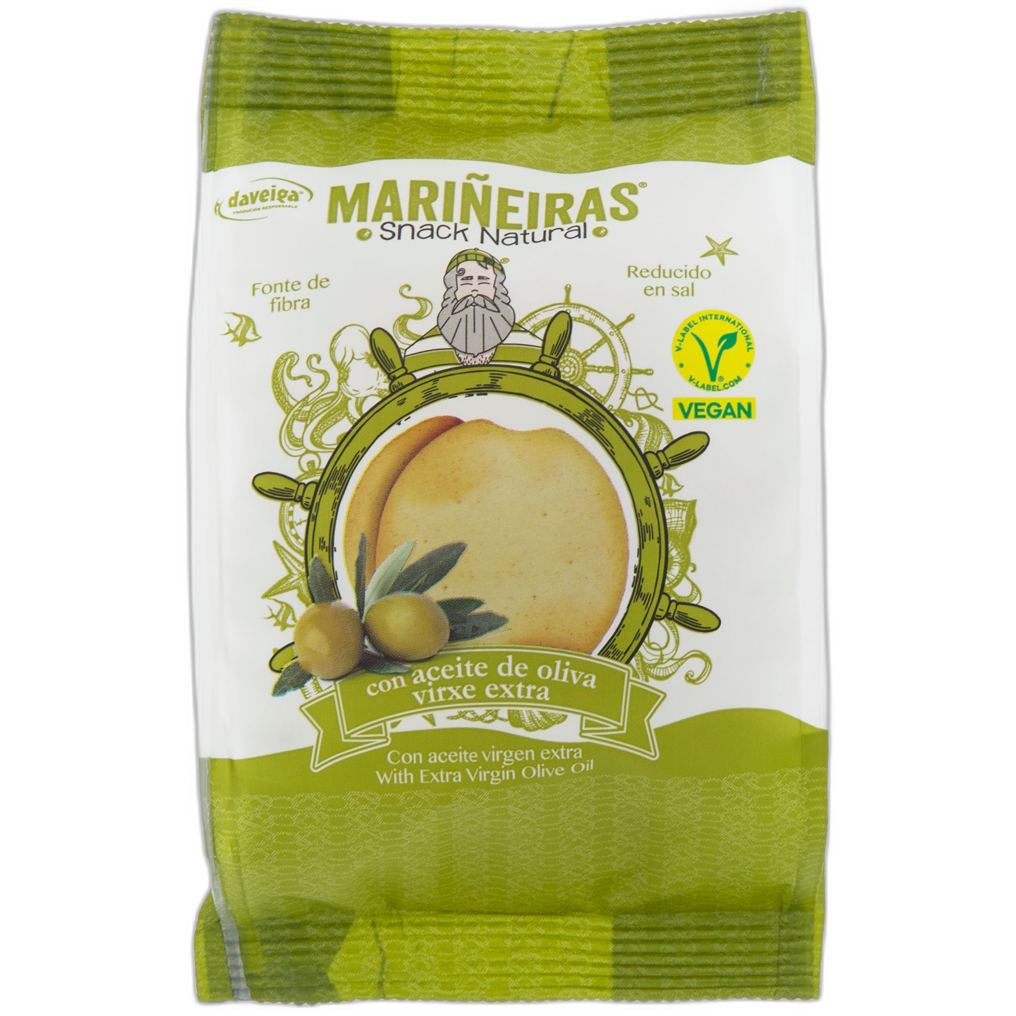 Snack package with olive design and text on a white background