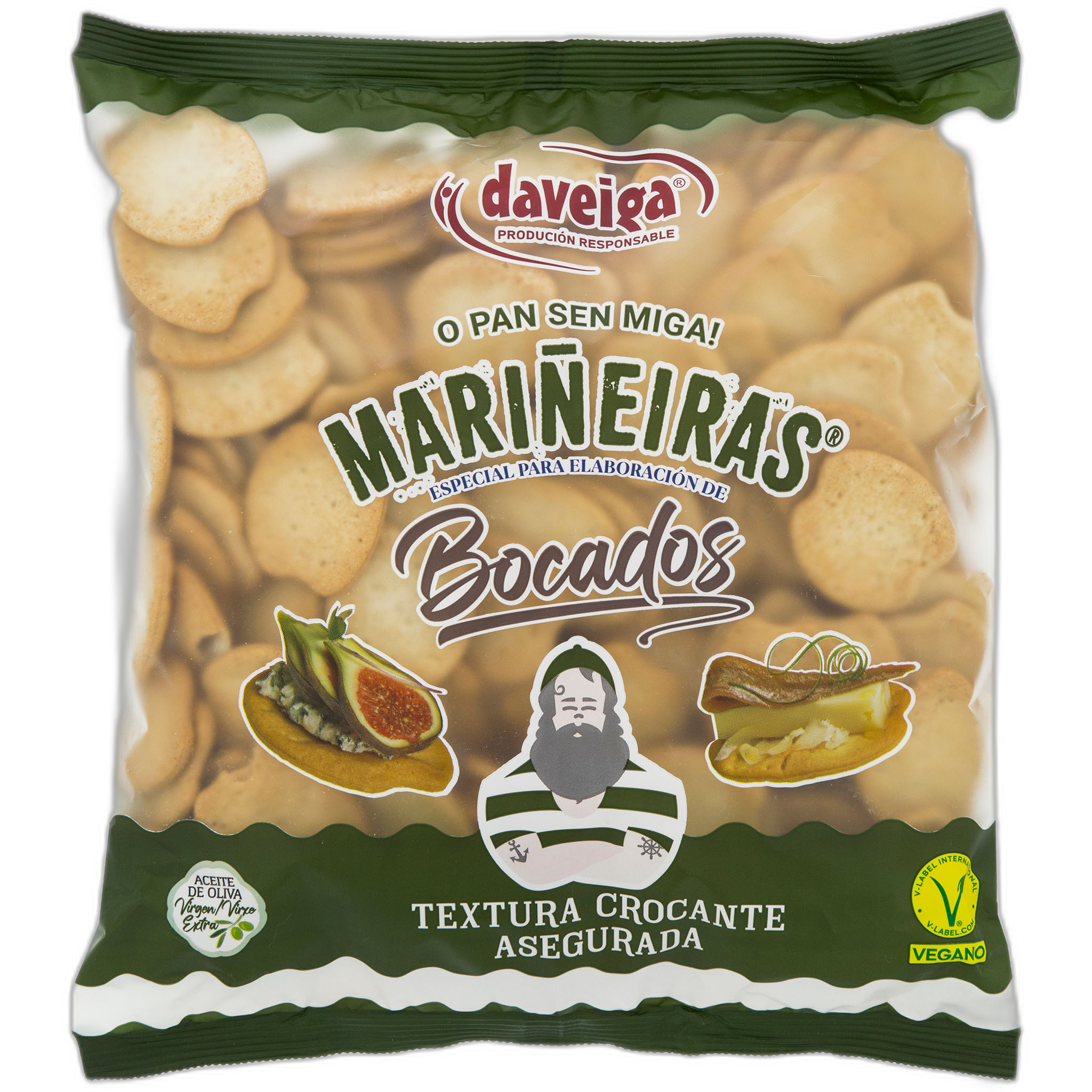 Packaged snack with 'Daveiga' branding and illustrations on a white background