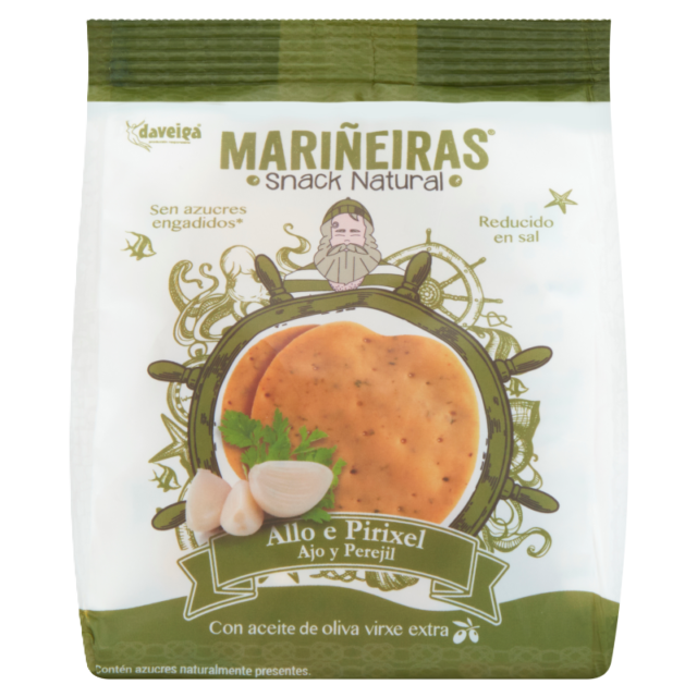Packaging of Mariéneas snack with a green border and white background
