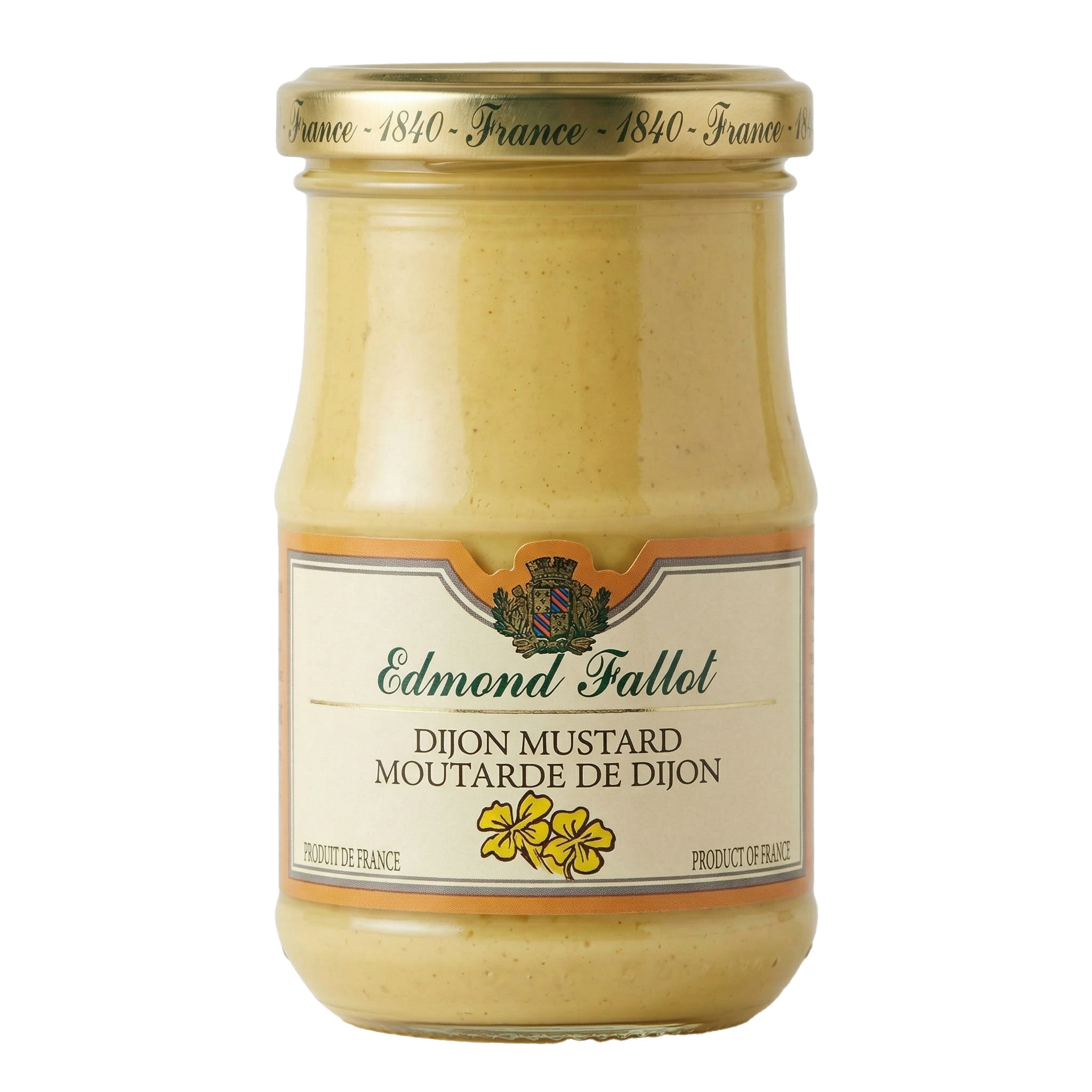Jar of Edmond Fallot Dijon mustard on a white background