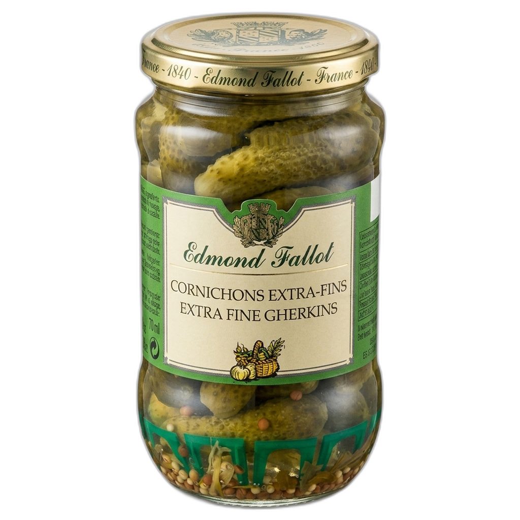 Jar of Edmond Fallot extra fine cornichons on a white background