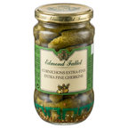 Jar of Edmond Fallot extra fine cornichons on a white background