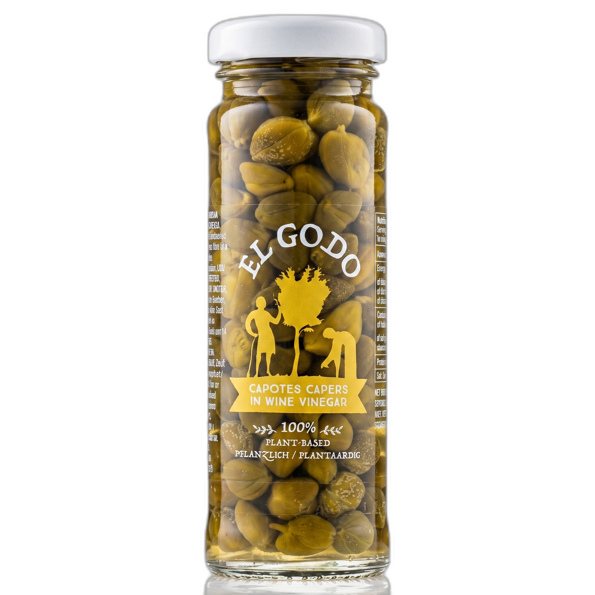 Jar of capers with 'El Gordo' branding on a white background