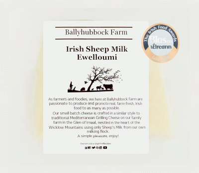 Advertisement for Ballyhubock Farm Irish Sheep Milk Ewelloumi cheese on a white background