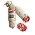 Finocchiona salami with packaging and a couple of slices on a white background