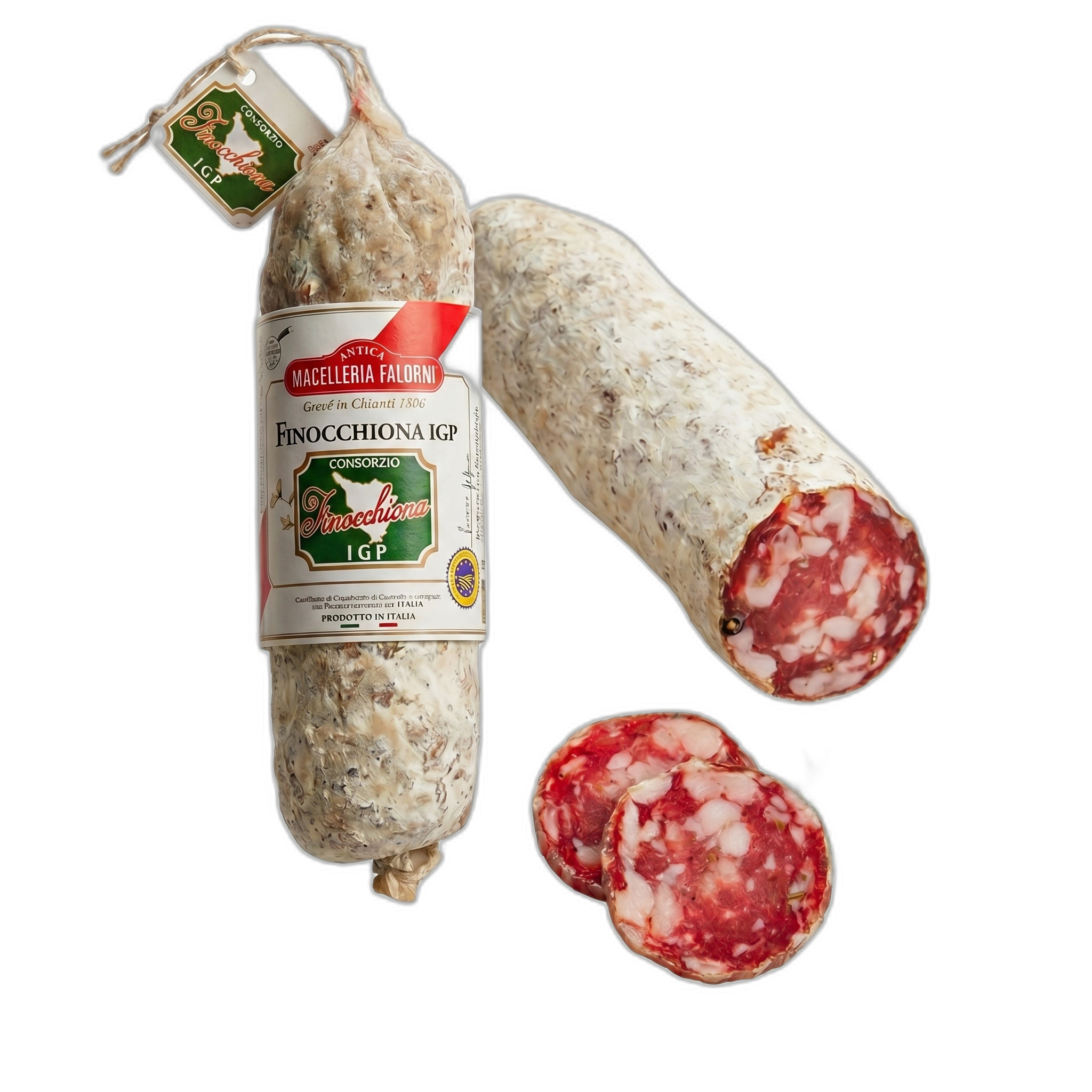Finocchiona salami with packaging and a couple of slices on a white background