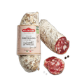 Salami with a visible label on a white background