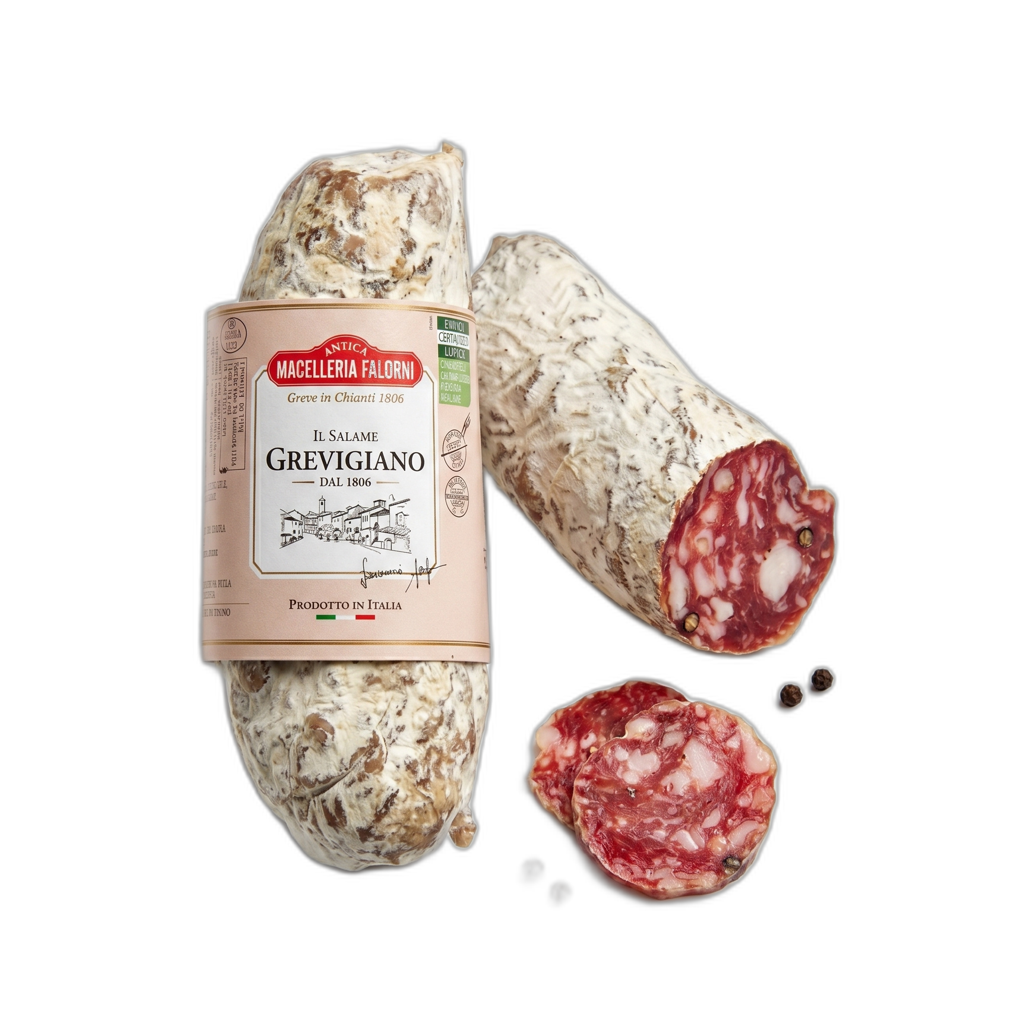 Salami with a visible label on a white background