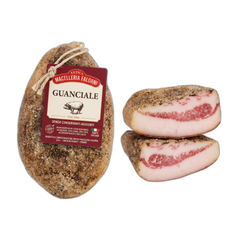 Guanciale with packaging on a white background
