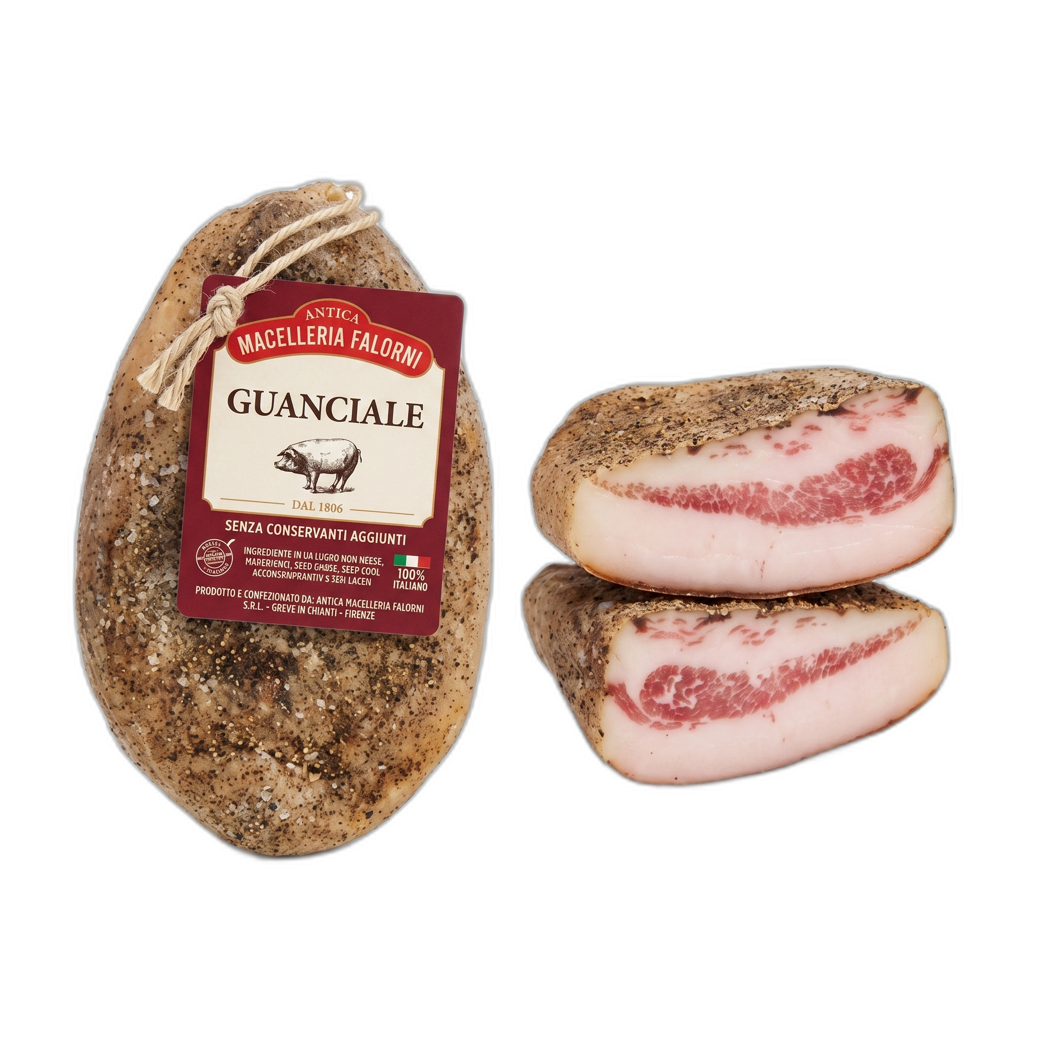 Guanciale with packaging on a white background